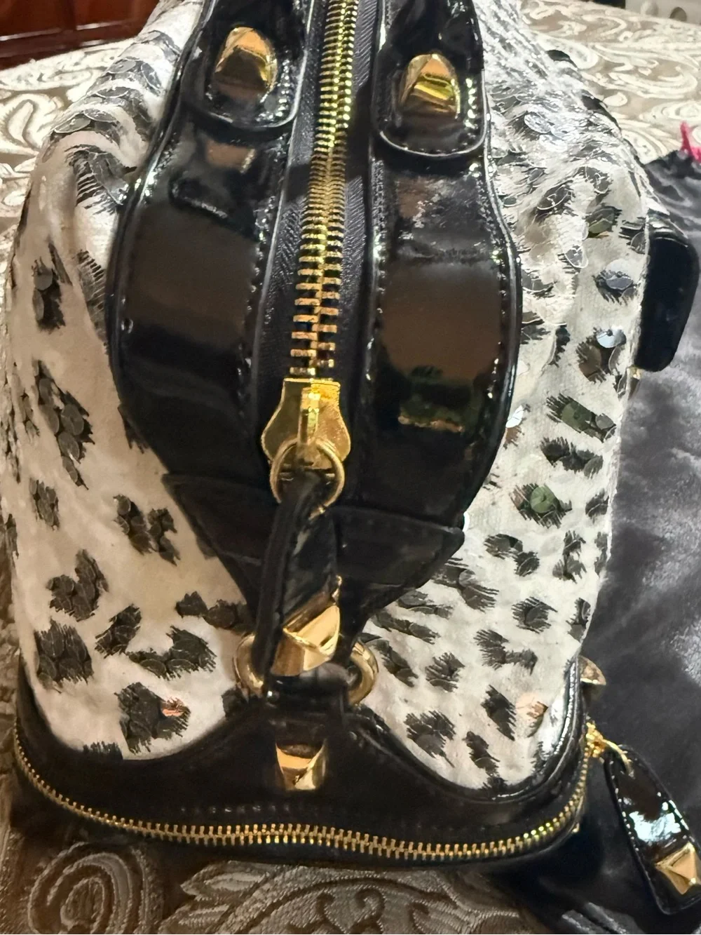 Betsey Johnson Black & White “Leopard Print Sequins” Satchel with Gold Hardwar